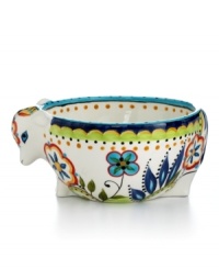 Fresh from the farm. Irresistibly charming, this sculpted candy bowl combines a sweet cow face and tail with bold Bocca florals in easy-care earthenware. Fresh from the farm. Irresistibly charming, this sculpted candy bowl combines a sweet cow face and tail with bold Bocca florals in easy-care earthenware.