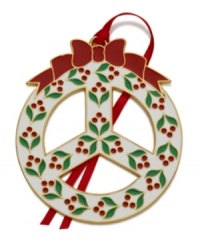 Send a message with this special Wallace peace ornament. Trimmed in cheery gold plate and enamel holly, it's a wreath that deserves a prominent place in every holiday home. (Clearance) Send a message with this special Wallace peace ornament. Trimmed in cheery gold plate and enamel holly, it's a wreath that deserves a prominent place in every holiday home. (Clearance)