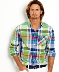Brash casual. Pair this colorful plaid shirt from Nautica with a fresh pair of chinos for a standout style. Brash casual. Pair this colorful plaid shirt from Nautica with a fresh pair of chinos for a standout style.