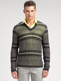 Perfect for layering, this luxurious lightweight v-neck pullover is multi-striped for sheer greatness.V-neck66% cotton/34% viscoseDry cleanImported of Italian fabric Perfect for layering, this luxurious lightweight v-neck pullover is multi-striped for sheer greatness.V-neck66% cotton/34% viscoseDry cleanImported of Italian fabric