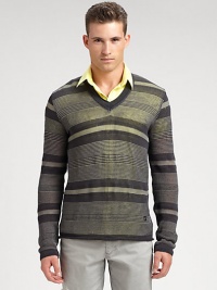 Perfect for layering, this luxurious lightweight v-neck pullover is multi-striped for sheer greatness.V-neck66% cotton/34% viscoseDry cleanImported of Italian fabric