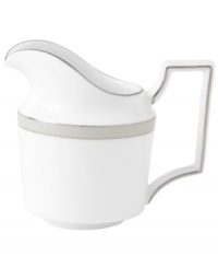 Timeless in white bone china, this Wedgwood creamer is adorned with a band of flecked pewter and precious platinum trim. Pair with the pale blue florals of Patina Platinum dinnerware. Timeless in white bone china, this Wedgwood creamer is adorned with a band of flecked pewter and precious platinum trim. Pair with the pale blue florals of Patina Platinum dinnerware.
