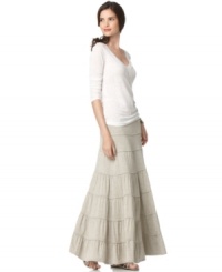 Subtly pleated tiers give this casual jersey skirt from Studio M a dynamic shape that will gracefully flow with your every step! Subtly pleated tiers give this casual jersey skirt from Studio M a dynamic shape that will gracefully flow with your every step!