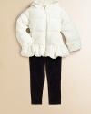 Soft to the touch and supremely plush, a cozy puffer coat gets a girly makeover with an adorable peplum hem for a look that's stylish and warm.Attached hood with elasticized openingLong sleevesFull-zip frontHidden, fleece-lined hand pocketsPeplum hemFully linedPolyesterFill: 60% down/40% feathersMachine washAdditional InformationKid's Apparel Size Guide 