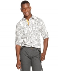Who said button ups have to be boring? With this stylish Bar III printed dress shirt you'll be the talk of the party. Who said button ups have to be boring? With this stylish Bar III printed dress shirt you'll be the talk of the party.