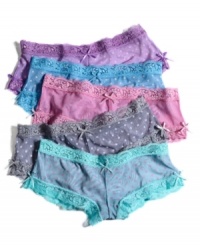 You'll love the frilly femininity of JT Intimates' Mesh Dot hipster. It features lace at the waistband and leg openings and a mesh body with a pretty polka dot pattern. Style #JTB07C9 You'll love the frilly femininity of JT Intimates' Mesh Dot hipster. It features lace at the waistband and leg openings and a mesh body with a pretty polka dot pattern. Style #JTB07C9