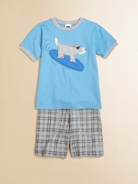 This adorable set includes a plush cotton knit with cute dog appliqué and a pair of preppy plaid, French terry shorts, creating the ultimate surf ensemble. Tee CrewneckShort sleevesSurf dog appliqué Shorts Elastic waistband with drawstringTwo front side pocketsCottonMachine washImportedAdditional InformationKid's Apparel Size Guide This adorable set includes a plush cotton knit with cute dog appliqué and a pair of preppy plaid, French terry shorts, creating the ultimate surf ensemble. Tee CrewneckShort sleevesSurf dog appliqué Shorts Elastic waistband with drawstringTwo front side pocketsCottonMachine washImportedAdditional InformationKid's Apparel Size Guide