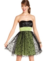 For girls who just want to have fun! Get all dolled-up in this a-line dress from BCX, where a spunky overlay of polkadot-patterned mesh breathes fresh style into a classic silhouette. For girls who just want to have fun! Get all dolled-up in this a-line dress from BCX, where a spunky overlay of polkadot-patterned mesh breathes fresh style into a classic silhouette.