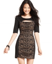 A classic design made of-the-moment, BCX's sheath dress features a lace-adorned panel and exposed back zipper for modern edge. A classic design made of-the-moment, BCX's sheath dress features a lace-adorned panel and exposed back zipper for modern edge.