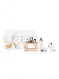 Discover Miss Dior, the fragrance inspired by love and romance. A sensual blend of Italian Mandarin, Egyptian Jasmine and Indonesian Patchouli captures the dazzling Dior spirit in a modern Couture fragrance. This elegant set includes a Miss Dior Eau de Parfum Spray (3.4 oz.), Refillable Purse Spray (0.25 oz.), and ceramic Christian Dior Ornament in a limited edition pebbled jewel box. Discover Miss Dior, the fragrance inspired by love and romance. A sensual blend of Italian Mandarin, Egyptian Jasmine and Indonesian Patchouli captures the dazzling Dior spirit in a modern Couture fragrance. This elegant set includes a Miss Dior Eau de Parfum Spray (3.4 oz.), Refillable Purse Spray (0.25 oz.), and ceramic Christian Dior Ornament in a limited edition pebbled jewel box.