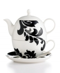 Bold design and uncompromising quality make this Lisbon tea set a real charmer. Featuring stenciled black florals on a stackable teapot, teacup and saucer for one from Martha Stewart Collection. Bold design and uncompromising quality make this Lisbon tea set a real charmer. Featuring stenciled black florals on a stackable teapot, teacup and saucer for one from Martha Stewart Collection.