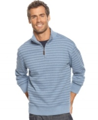 Keep the chill away in style with this striped 1/4-zip sweater from Tasso Elba. Keep the chill away in style with this striped 1/4-zip sweater from Tasso Elba.
