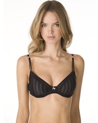A textured underwire bra with molded cups, lace trim and a small bow detail in the center front. Adjustable double straps. Hook and eye closure. Style#723100 A textured underwire bra with molded cups, lace trim and a small bow detail in the center front. Adjustable double straps. Hook and eye closure. Style#723100