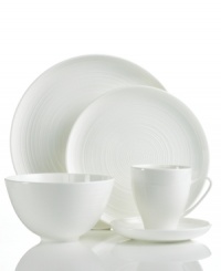 Echoing the feel of hand-thrown pottery, the contemporary Spin 5-piece place settings from Sasaki's collection of white dinnerware boasts a subtle spun etching, giving each piece its distinctive character. (Clearance) Echoing the feel of hand-thrown pottery, the contemporary Spin 5-piece place settings from Sasaki's collection of white dinnerware boasts a subtle spun etching, giving each piece its distinctive character. (Clearance)