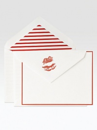 This flirty set of crisp white cards is tailored with a red border and sealed with a kiss. No need to pucker up to extend the sweet sentiment, there's a pair of lips (in perfect red lipstick, no less) letterpressed on the flap of each lined envelope.Includes 10 cards Accompanied by matching lined envelopes Each, 6¾W X 4¾H X 1W Hand-bordered Cotton fiber paper Made in USA This flirty set of crisp white cards is tailored with a red border and sealed with a kiss. No need to pucker up to extend the sweet sentiment, there's a pair of lips (in perfect red lipstick, no less) letterpressed on the flap of each lined envelope.Includes 10 cards Accompanied by matching lined envelopes Each, 6¾W X 4¾H X 1W Hand-bordered Cotton fiber paper Made in USA