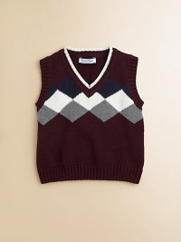 An effortless way to dress up your little guy when the occasion requires it, in a comfy cotton knit with classy argyle diamonds across the chest.Ribbed V neckline with color-tipped trimRibbed armholesTricolor argyle patternRibbed hemCottonMachine washImported An effortless way to dress up your little guy when the occasion requires it, in a comfy cotton knit with classy argyle diamonds across the chest.Ribbed V neckline with color-tipped trimRibbed armholesTricolor argyle patternRibbed hemCottonMachine washImported