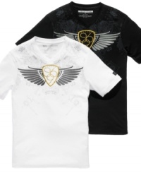 Let your fashion take flight with this cool graphic tee from Sean John. Let your fashion take flight with this cool graphic tee from Sean John.