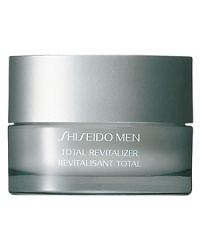 Shiseido Men Total Revitalizer. A high-performance cream that energizes skin and accelerates its ability to defy dryness, dullness, fine lines, and other visible signs of aging. Maximizes skins natural power to preserve its vitality. Reduces signs of damage for a more youthful look and brings new life to fatigued skin. Formulated with Damage Defense Complex, skin-invigorating botanicals and a Vitamin E derivative. Preserves moisture levels in skin for 24 hours. Recommended for all skin types. Apply to face after cleansing or shaving. Shiseido Men Total Revitalizer. A high-performance cream that energizes skin and accelerates its ability to defy dryness, dullness, fine lines, and other visible signs of aging. Maximizes skins natural power to preserve its vitality. Reduces signs of damage for a more youthful look and brings new life to fatigued skin. Formulated with Damage Defense Complex, skin-invigorating botanicals and a Vitamin E derivative. Preserves moisture levels in skin for 24 hours. Recommended for all skin types. Apply to face after cleansing or shaving.