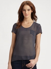 A wardrobe classic is reinterpreted in luxurious silk chiffon for a sheer, deeply feminine design.Scoopneck Pullover style Short sleeves Chest pocket About 24 from shoulder to hem Silk; dry clean ImportedPlease note: Camisole sold separately. A wardrobe classic is reinterpreted in luxurious silk chiffon for a sheer, deeply feminine design.Scoopneck Pullover style Short sleeves Chest pocket About 24 from shoulder to hem Silk; dry clean ImportedPlease note: Camisole sold separately.