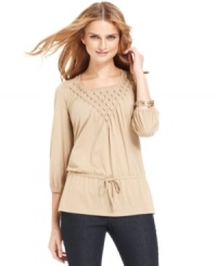 Infuse your wardrobe with instant romance in Jones New York Signature's beaded top. The peasant silhouette is ultra-flattering, too. Infuse your wardrobe with instant romance in Jones New York Signature's beaded top. The peasant silhouette is ultra-flattering, too.