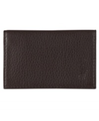Designed with an ID window and two card slots, this sleek card case, crafted from soft textured leather, is a superior pick for the gentleman on the go. Designed with an ID window and two card slots, this sleek card case, crafted from soft textured leather, is a superior pick for the gentleman on the go.