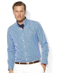 Crisp stripes impart modern refinement to a classic long-sleeved sport shirt, designed in a sleek, trim-fitting silhouette. Crisp stripes impart modern refinement to a classic long-sleeved sport shirt, designed in a sleek, trim-fitting silhouette.