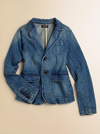 A classic blazer silhouette is updated in hearty denim with tailored details.Notched collarLong sleeves with button detailButton-frontFlap-patch pocketsChest patch pocketBack belt with inverted pleatsCottonMachine washImported Please note: Number of buttons may vary depending on size ordered. A classic blazer silhouette is updated in hearty denim with tailored details.Notched collarLong sleeves with button detailButton-frontFlap-patch pocketsChest patch pocketBack belt with inverted pleatsCottonMachine washImported Please note: Number of buttons may vary depending on size ordered.