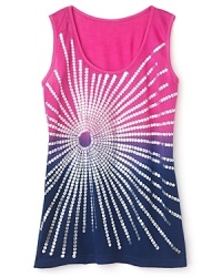 This ombre tank top is adorned with a stunning foil sunburst overlay for spectacular summer style. This ombre tank top is adorned with a stunning foil sunburst overlay for spectacular summer style.