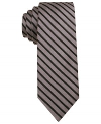 Take a new angle to work with this handsomely striped tie from Penguin. Take a new angle to work with this handsomely striped tie from Penguin.