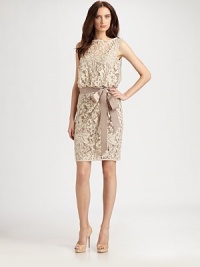 Textural floral lace in a blouson silhouette, cinched at the waist with a grosgrain bow.BoatneckSleevelessGrosgrain waistband with side bowBack keyhole detailConcealed back zipFully linedAbout 26 from natural waist60% cotton/40% nylonDry cleanImportedModel shown is 5'10 (177cm) wearing US size 4. Textural floral lace in a blouson silhouette, cinched at the waist with a grosgrain bow.BoatneckSleevelessGrosgrain waistband with side bowBack keyhole detailConcealed back zipFully linedAbout 26 from natural waist60% cotton/40% nylonDry cleanImportedModel shown is 5'10 (177cm) wearing US size 4.