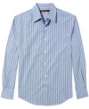 Trimmed down for the summer? Show it off with this slim fit striped shirt from Perry Ellis.