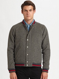 Baseball-inspired style you can enjoy long after the game is over, shaped in lightweight camel hair, for a cool, comfortable fit.Zip frontSnap button placketStand collarSide slash pocketsRibbed knit collar, cuffs and hemAbout 27 from shoulder to hemCamel hairDry cleanMade in Italy Baseball-inspired style you can enjoy long after the game is over, shaped in lightweight camel hair, for a cool, comfortable fit.Zip frontSnap button placketStand collarSide slash pocketsRibbed knit collar, cuffs and hemAbout 27 from shoulder to hemCamel hairDry cleanMade in Italy