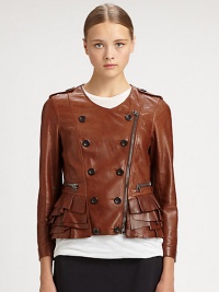Tap into the feminine aesthetic with this supple leather jacket, styled with a double-breasted front, tiered ruffle hem and motorcycle-inspired details. RoundneckEpauletsDouble-breasted button frontAsymmetrical zipperLong sleeves with zip cuffsZippered slash pocketsTiered ruffle hemSilk liningLeatherDry clean with leather specialistImported of Italian fabricModel shown is 5'10 (177cm) wearing US size 4. Tap into the feminine aesthetic with this supple leather jacket, styled with a double-breasted front, tiered ruffle hem and motorcycle-inspired details. RoundneckEpauletsDouble-breasted button frontAsymmetrical zipperLong sleeves with zip cuffsZippered slash pocketsTiered ruffle hemSilk liningLeatherDry clean with leather specialistImported of Italian fabricModel shown is 5'10 (177cm) wearing US size 4.
