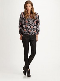 Rendered in a vibrant tribal-inspired print, this exquisite silk blouse finishes the look with a boatneck and long bishop sleeves. BoatneckLong bishop sleevesElasticized cuffsAbout 22 from natural waistSilkDry cleanImportedModel shown is 5'10 (177cm) wearing US size Small. Rendered in a vibrant tribal-inspired print, this exquisite silk blouse finishes the look with a boatneck and long bishop sleeves. BoatneckLong bishop sleevesElasticized cuffsAbout 22 from natural waistSilkDry cleanImportedModel shown is 5'10 (177cm) wearing US size Small.
