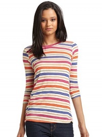 THE LOOKAllover multicolor striped printThree-quarter length sleevesOpen back cutoutTHE FITAbout 22 from shoulder to hemTHE MATERIAL93% rayon/7% linenCARE & ORIGINMachine washMade in USAModel shown is 5'10½ (179cm) wearing US size Small. THE LOOKAllover multicolor striped printThree-quarter length sleevesOpen back cutoutTHE FITAbout 22 from shoulder to hemTHE MATERIAL93% rayon/7% linenCARE & ORIGINMachine washMade in USAModel shown is 5'10½ (179cm) wearing US size Small.