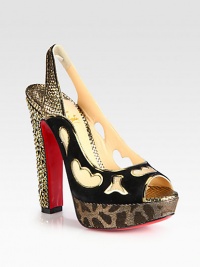 Suede party-ready peep toe design with sexy mesh cutouts, a leopard-print platform, and Swarovski crystal-coated heel. Swarovski crystal-coated heel, 5½ (140mm)Fabric-covered platform, 1¼ (30mm)Compares to a 4¼ heel (110mm)Suede and metallic lamé upper with mesh cutoutsPeep toeSlingback strapLeather liningSignature red leather solePadded insoleMade in Italy Suede party-ready peep toe design with sexy mesh cutouts, a leopard-print platform, and Swarovski crystal-coated heel. Swarovski crystal-coated heel, 5½ (140mm)Fabric-covered platform, 1¼ (30mm)Compares to a 4¼ heel (110mm)Suede and metallic lamé upper with mesh cutoutsPeep toeSlingback strapLeather liningSignature red leather solePadded insoleMade in Italy