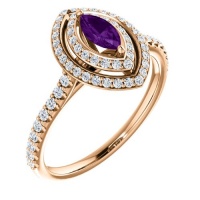 18K Rose Gold 6.00x3.00mm Marquise Cut Amethyst and Diamond Double-Halo Ring