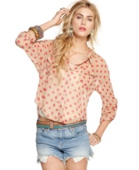 An irreverent polka dot print makes this Free People chiffon blouse a must-have for cheeky summer style! An irreverent polka dot print makes this Free People chiffon blouse a must-have for cheeky summer style!