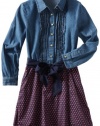 KC Parker Girls 7-16 Chambray With Sateen Dress, Blue Dot Print, 10