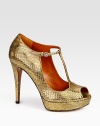 Metallic python t-strap design with a peep toe and an adjustable ankle strap. Self-covered heel, 5 (125mm)Covered platform, 1 (25mm)Compares to a 4 heel (100mm)Python upperLeather lining and solePadded insoleMade in Italy