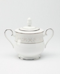 This versatile and stylish covered sugar bowl will coordinate perfectly with a variety of table linens and flatware. An ornate scroll motif trimmed in platinum adds a sophisticated sensibility to your tabletop. This versatile and stylish covered sugar bowl will coordinate perfectly with a variety of table linens and flatware. An ornate scroll motif trimmed in platinum adds a sophisticated sensibility to your tabletop.
