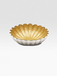 A lovely addition to any table, handcrafted in India with artisanal detail in fluted metal with an opalescent, crushed mother-of-pearl enamel. Food safe Engraved signature 3¾H X 12 diam. Imported A lovely addition to any table, handcrafted in India with artisanal detail in fluted metal with an opalescent, crushed mother-of-pearl enamel. Food safe Engraved signature 3¾H X 12 diam. Imported