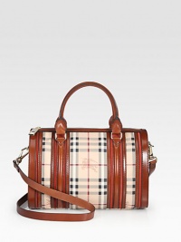 Luxurious leather accents this coated canvas style with an iconic haymarket check print.Double leather top handles, 5 dropDetachable adjustable leather shoulder strap, 20-23 dropTop zip closureOne inside zip pocketTwo inside open pocketsCotton lining12½W X 8½H X 7DImported Luxurious leather accents this coated canvas style with an iconic haymarket check print.Double leather top handles, 5 dropDetachable adjustable leather shoulder strap, 20-23 dropTop zip closureOne inside zip pocketTwo inside open pocketsCotton lining12½W X 8½H X 7DImported