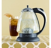 The Capresso beautifully designed cordless water kettle with chrome plated lid and slip-free textured handle is versatile, economical and safe to use. It has 1.5qt capacity and has safety auto shut off. It also features a heat resistant German Schott glass that conceals the heat for a fast quiet boil. The Capresso beautifully designed cordless water kettle with chrome plated lid and slip-free textured handle is versatile, economical and safe to use. It has 1.5qt capacity and has safety auto shut off. It also features a heat resistant German Schott glass that conceals the heat for a fast quiet boil.