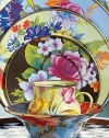 A vibrant bouquet of flowers blossoms on an enameled steel charger, hand decorated to create the ideal touch of color on a summertime table. From the Flower Market Collection Front and back design Bronzed stainless steel rim 12 diam. Dishwasher safe Imported 