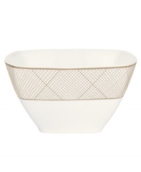 Dressed in a fine diamond grid of bronze and warm taupe, these small square bowls are from Noritake dinnerware. The dishes in the Veneto collection are tailored for formal dining and everyday elegance in bone china. Dressed in a fine diamond grid of bronze and warm taupe, these small square bowls are from Noritake dinnerware. The dishes in the Veneto collection are tailored for formal dining and everyday elegance in bone china.
