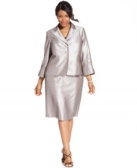 Evan Picone keeps this plus size suit simple and chic, outfitting it with a lustrous sheen and just a hint of a bell sleeve. Pair with a sparkling bracelet to play it up! Evan Picone keeps this plus size suit simple and chic, outfitting it with a lustrous sheen and just a hint of a bell sleeve. Pair with a sparkling bracelet to play it up!