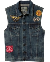 Rev up your wardrobe. Break out into biker gear with this edgy denim vest from Ring of Fire. Rev up your wardrobe. Break out into biker gear with this edgy denim vest from Ring of Fire.