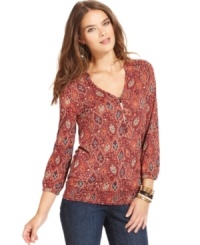 An allover paisley print makes this Lucky Brand Jeans top perfect for adding a bit of boho flair to your fall look! An allover paisley print makes this Lucky Brand Jeans top perfect for adding a bit of boho flair to your fall look!