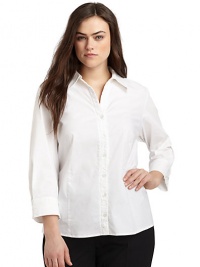 THE LOOKShirt collarRuched detail along placketConcealed button closureLong sleeves with vent in wide cuffs and button closureFront and back dartsTHE FITAbout 26 from shoulder to hemTHE MATERIAL97% cotton/3% elastaneCARE & ORIGINMachine washImported THE LOOKShirt collarRuched detail along placketConcealed button closureLong sleeves with vent in wide cuffs and button closureFront and back dartsTHE FITAbout 26 from shoulder to hemTHE MATERIAL97% cotton/3% elastaneCARE & ORIGINMachine washImported